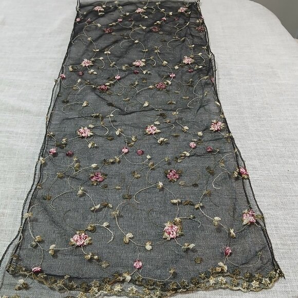 Black Tulle Pink Rose All Over Embroidery Scarf - Picture 5 of 7